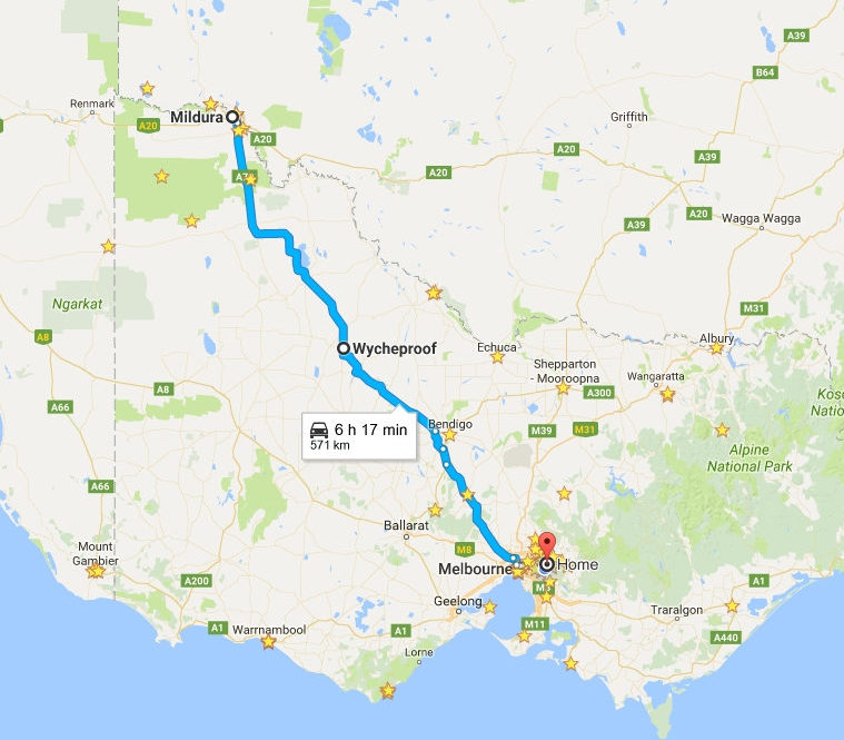 Map of our trip home from Mildura to Melbourne 